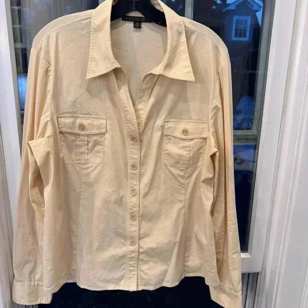 Lafayette 148 Button Down Shirt Womens Size 16 Ivory Cotton Top Collared Pockets - Picture 7 of 7